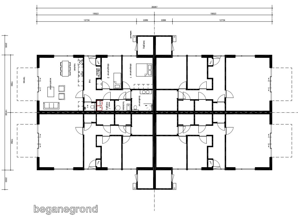 4 geschakelde bungalows plat dak